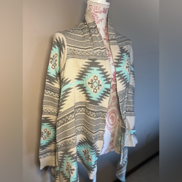 DREAMERS Gray Mint Aztec Southwestern Santa Fe Waterfall Open Cardigan sz Small - Picture 3 of 13